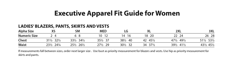 Executive Apparel Womens Size Chart