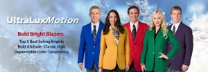 5 people in bright color blazers in winter scene
